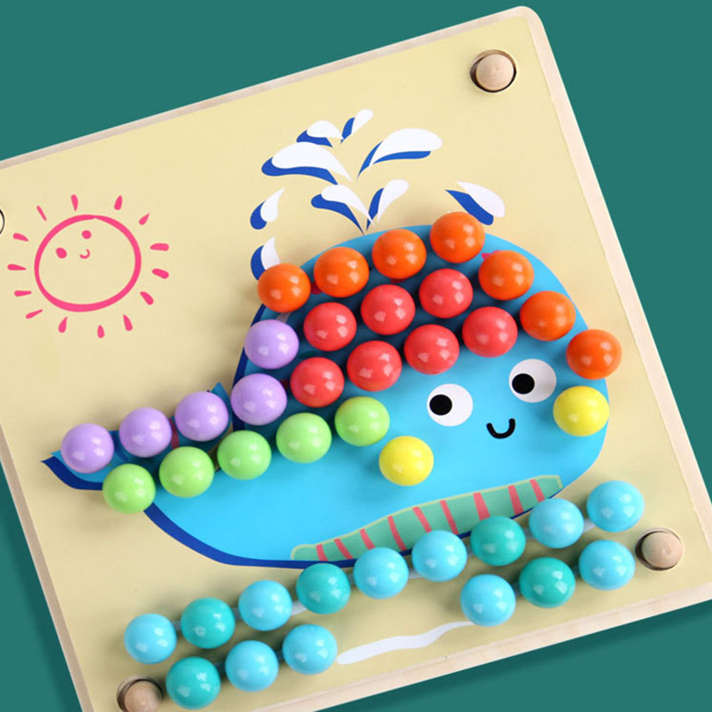 Puzzle Montessori cu bile colorate din lemn Leziter, set educativ cu pensetă