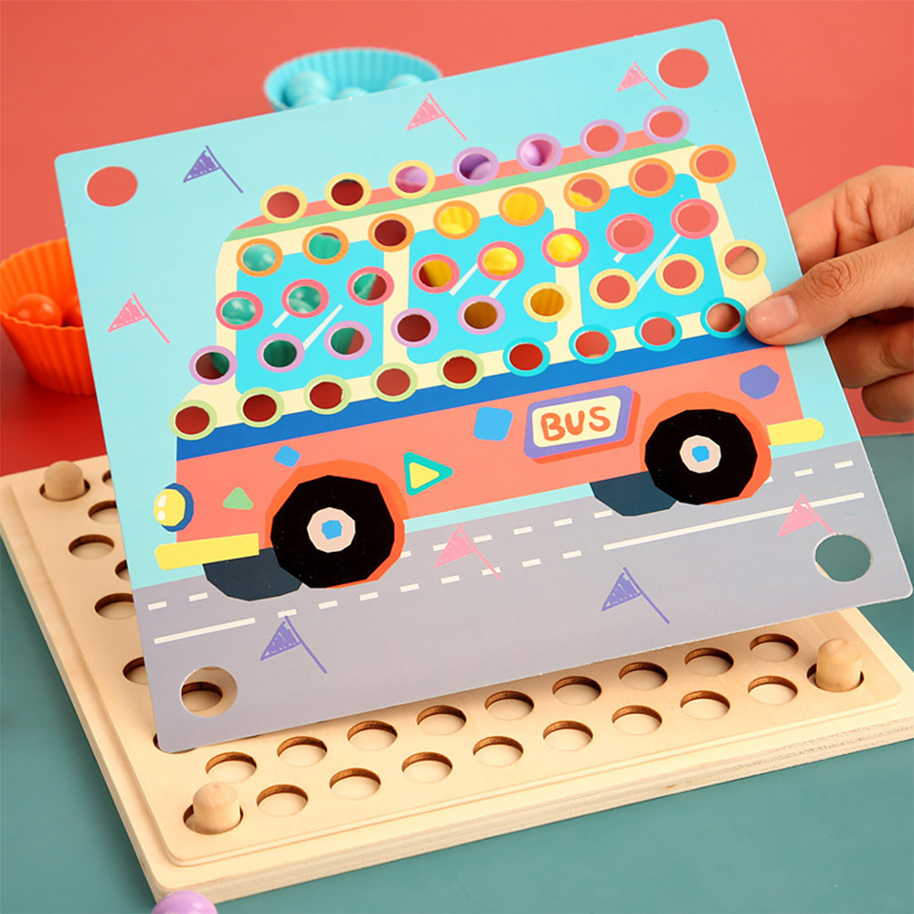 Puzzle Montessori cu bile colorate din lemn Leziter, set educativ cu pensetă