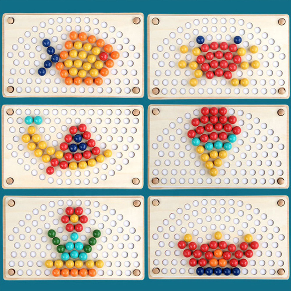 Puzzle Montessori din lemn Leziter Rainbow, joc mozaic cu bile colorate si penseta