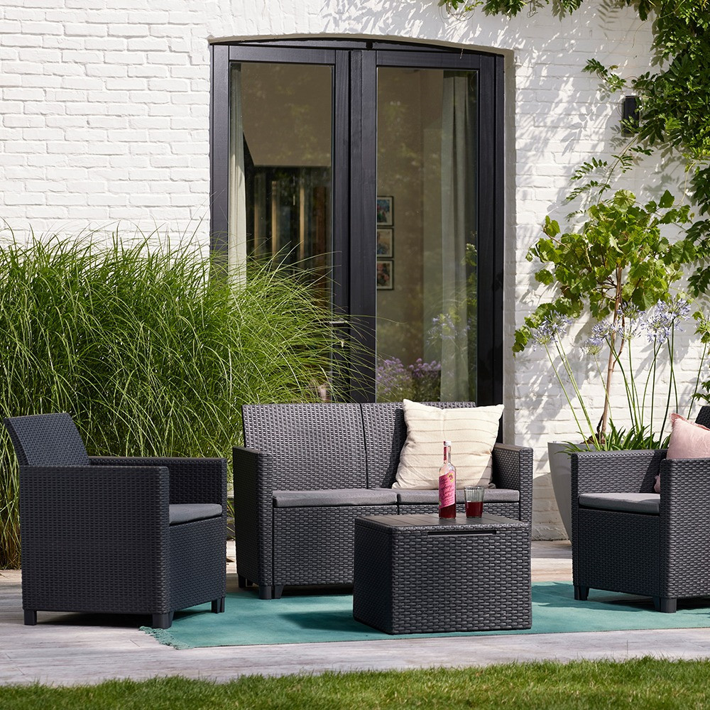 Set mobilier de grădină Curver Claire 4 locuri, cu masă și perne, grafit