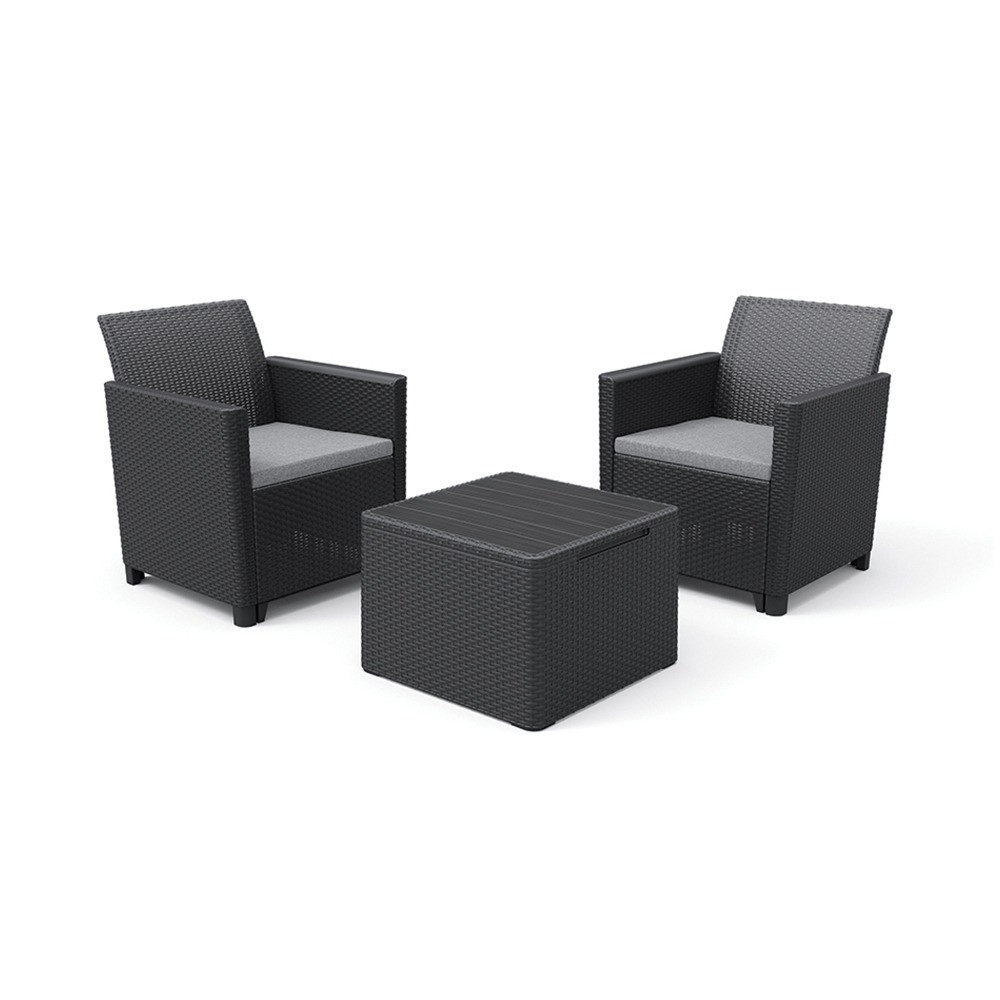 Set mobilier de grădină Curver Claire Balcony, grafit, 2 fotolii + masă cu perne