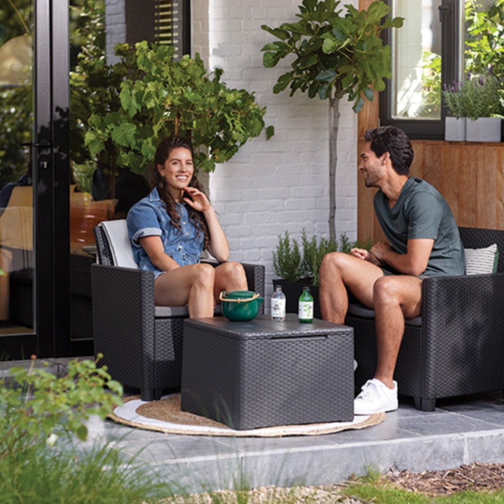 Set mobilier de grădină Curver Claire Balcony, grafit, 2 fotolii + masă cu perne