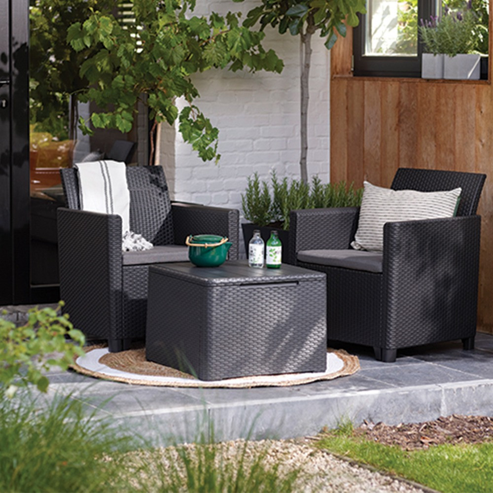 Set mobilier de grădină Curver Claire Balcony, grafit, 2 fotolii + masă cu perne