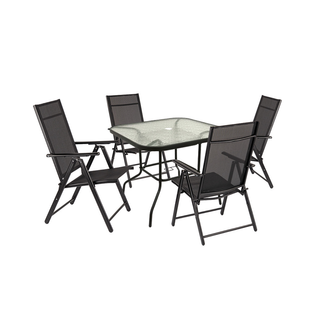 Set mobilier grădină Leziter Amira 4+1, negru mat, masă cu sticlă + 4 scaune pliabile
