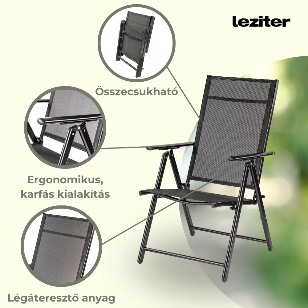 Set mobilier grădină Leziter Amira 4+1, negru mat, masă cu sticlă + 4 scaune pliabile