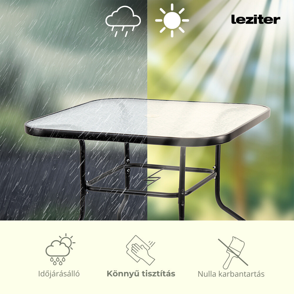 Set mobilier grădină Leziter Amira 4+1, negru mat, masă cu sticlă + 4 scaune pliabile