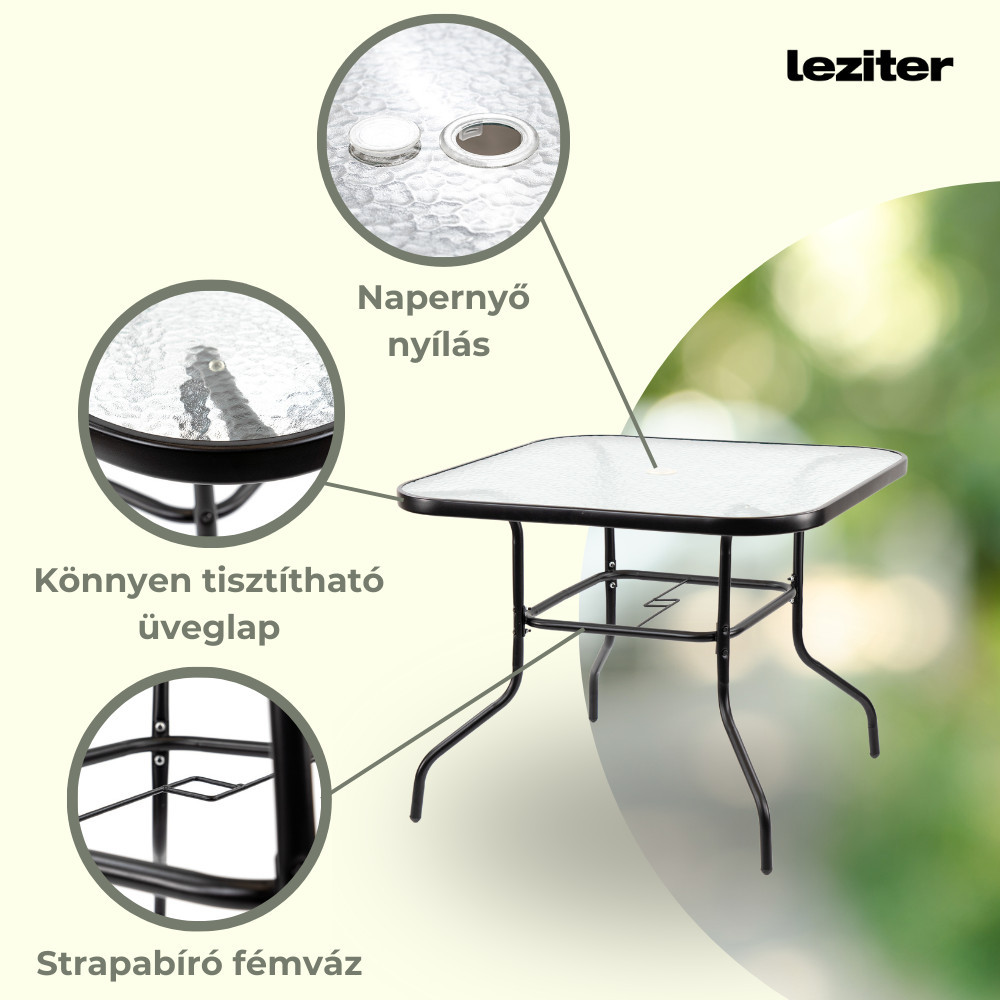 Set mobilier grădină Leziter Amira 4+1, negru mat, masă cu sticlă + 4 scaune pliabile