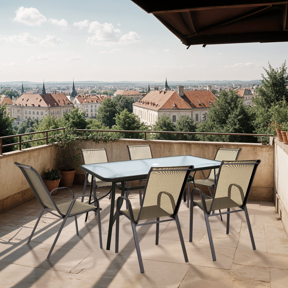 Set mobilier de grădină Leziter Arlon 6+1 bej cu masă din sticlă securizată