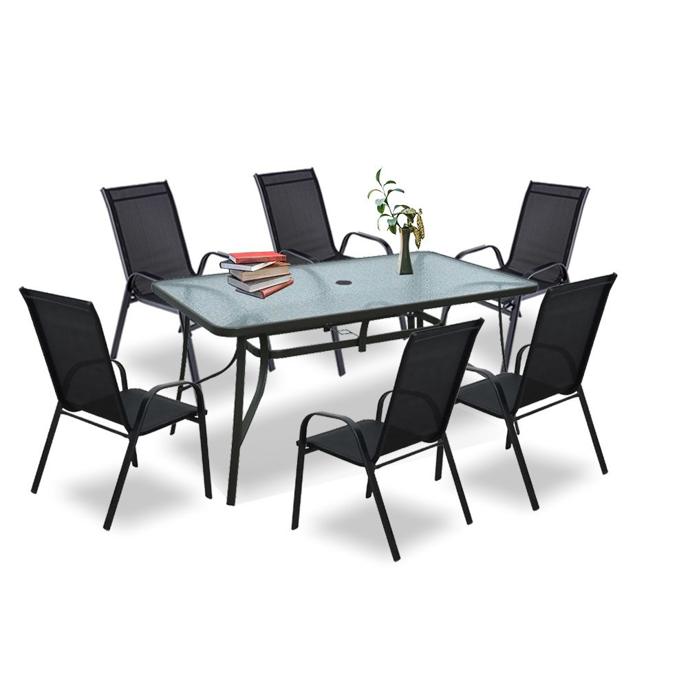 Set mobilier de grădină Leziter Arlon 6+1, negru, masă sticlă securizată