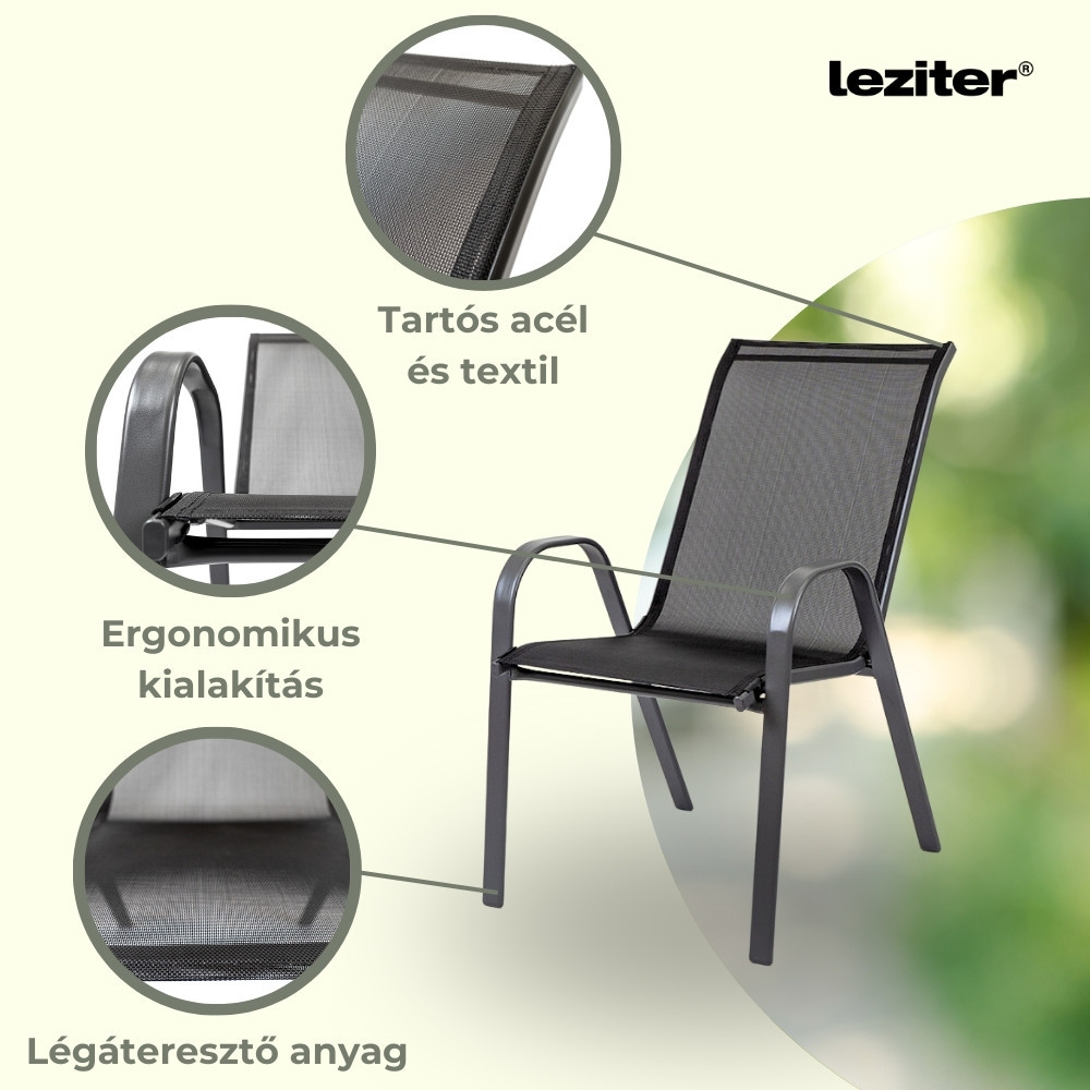 Set mobilier de grădină Leziter Arlon 6+1, negru, masă sticlă securizată