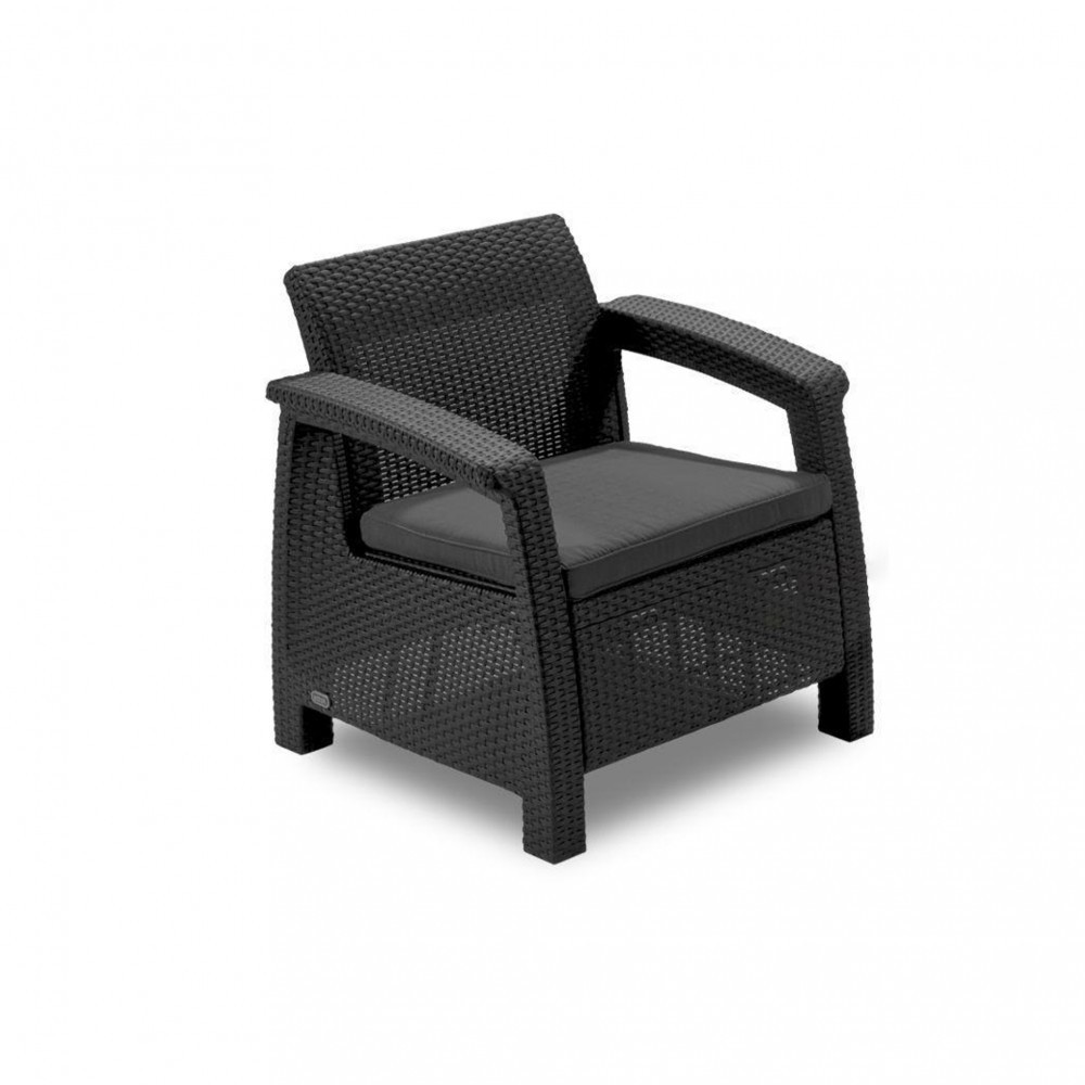 Set mobilier grădină Curver Corfu Weekend, grafit, 2 fotolii + masă, perne gri