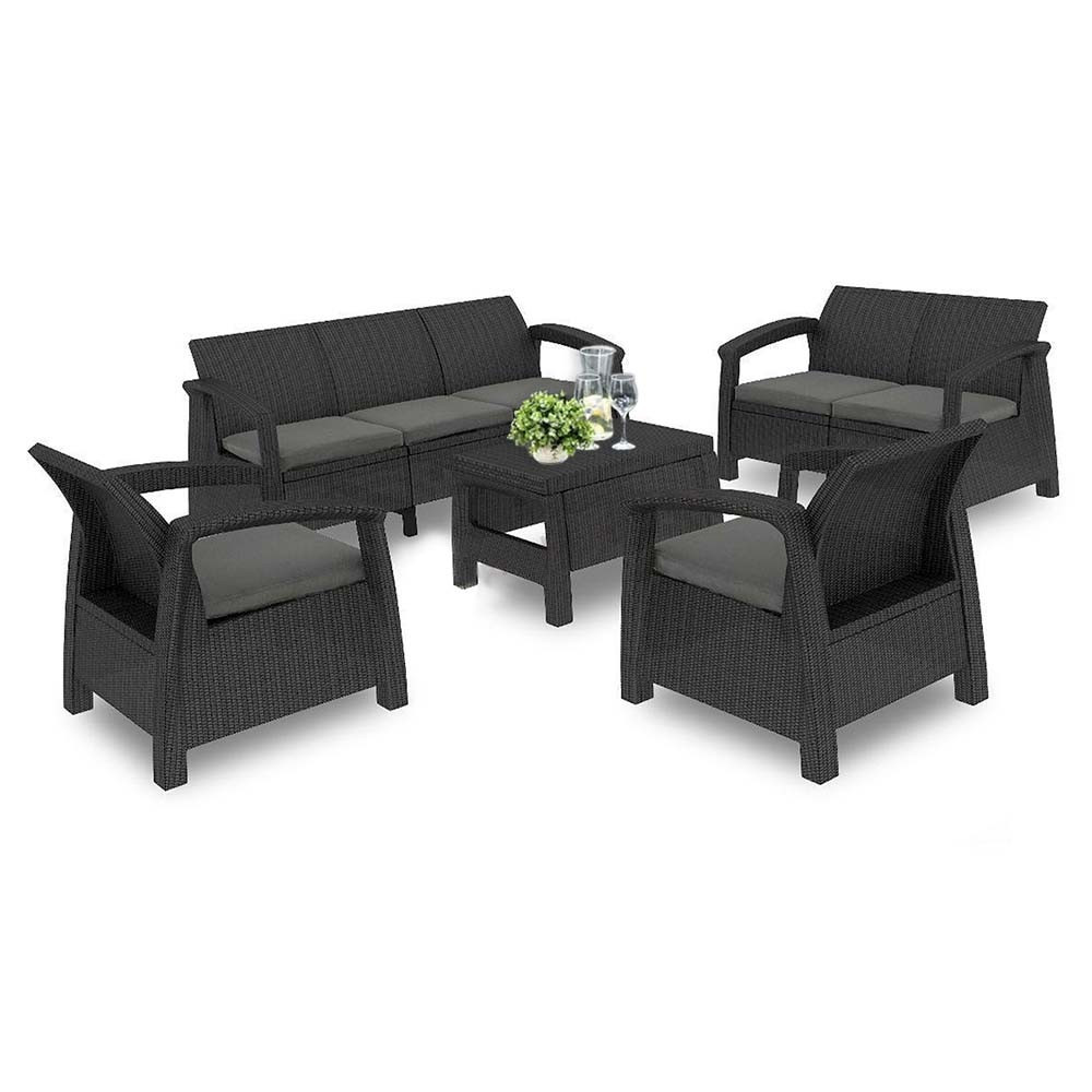 Set mobilier grădină Curver Corfu Max 7 locuri, grafit, perne gri deschis