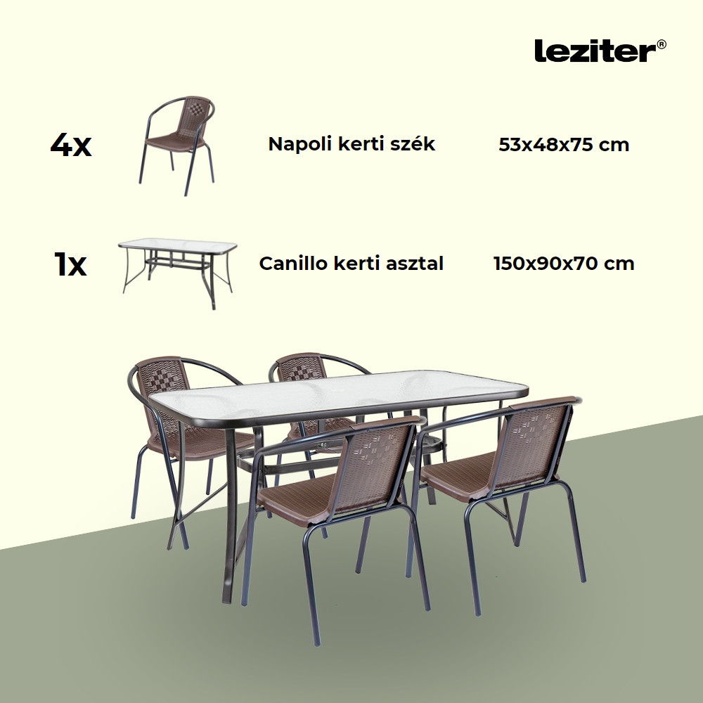 Set mobilier de grădină Leziter Elzas 4+1 maro, masă cu sticlă și 4 scaune