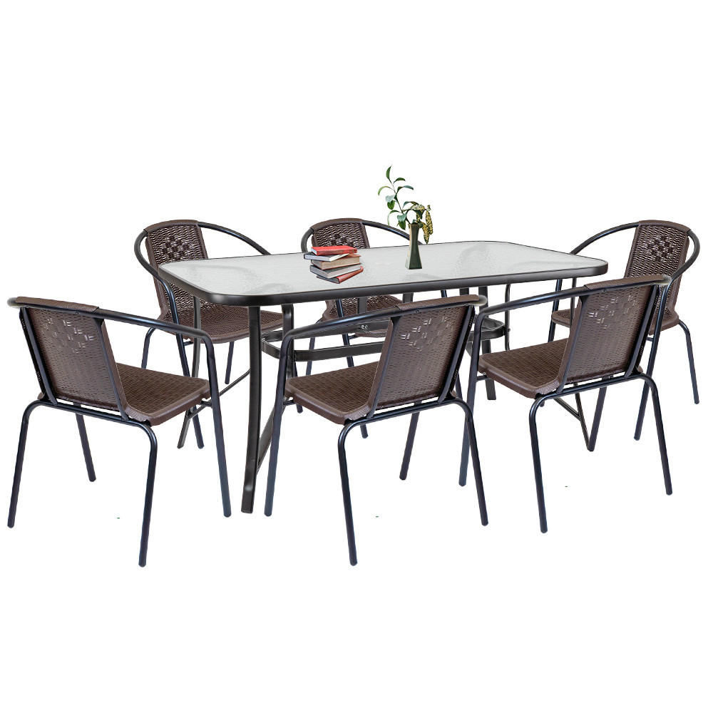 Set mobilier de grădină Leziter Elzas 6+1, maro, masă cu sticlă securizată