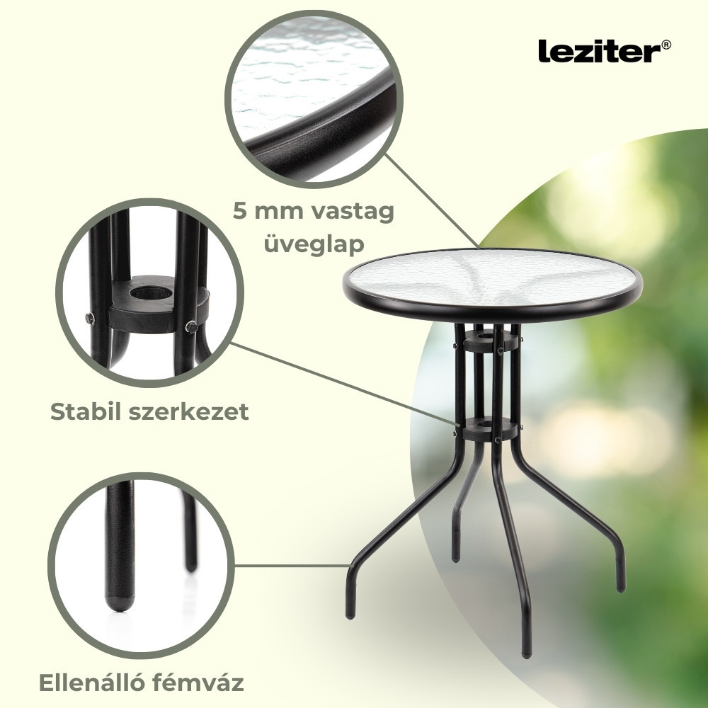 Set mobilier de balcon Leziter Largo, negru, masă cu sticlă și 2 scaune
