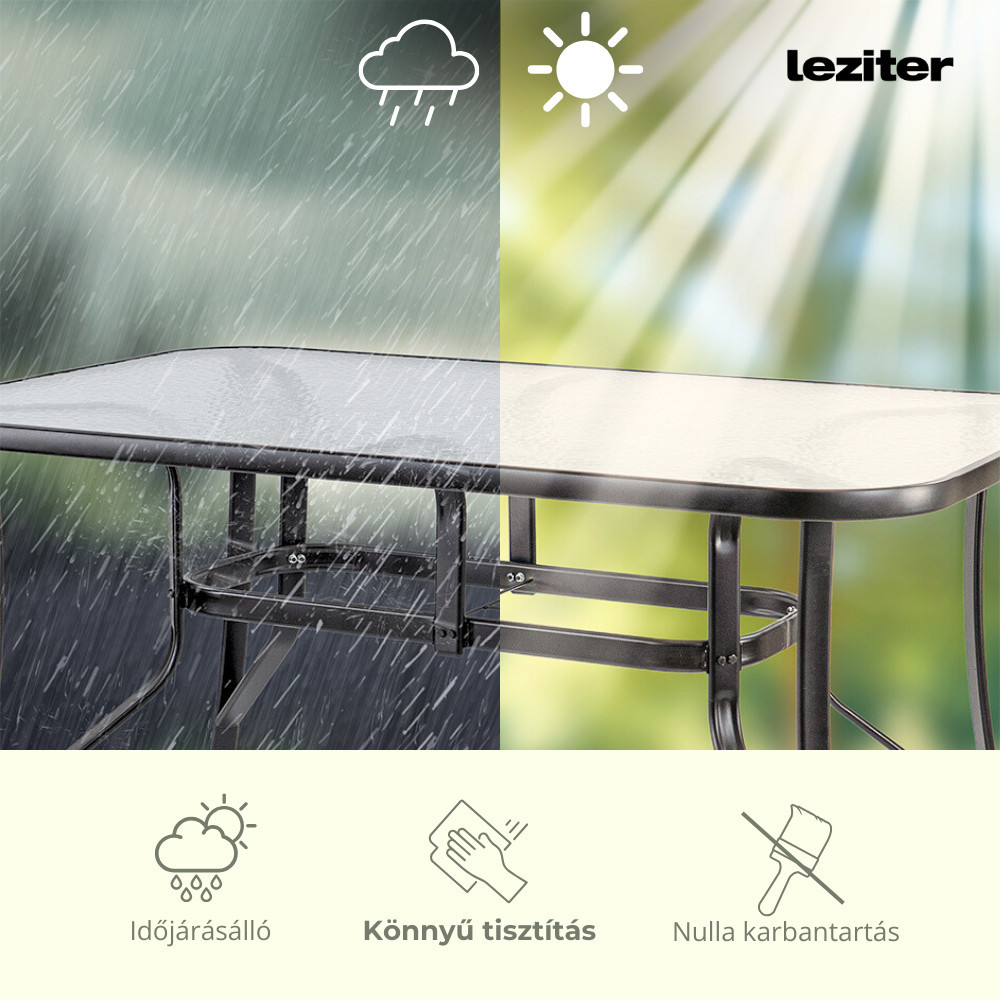 Set mobilier de grădină Leziter Nadin 6+1, negru, masă sticlă 150x90 cm