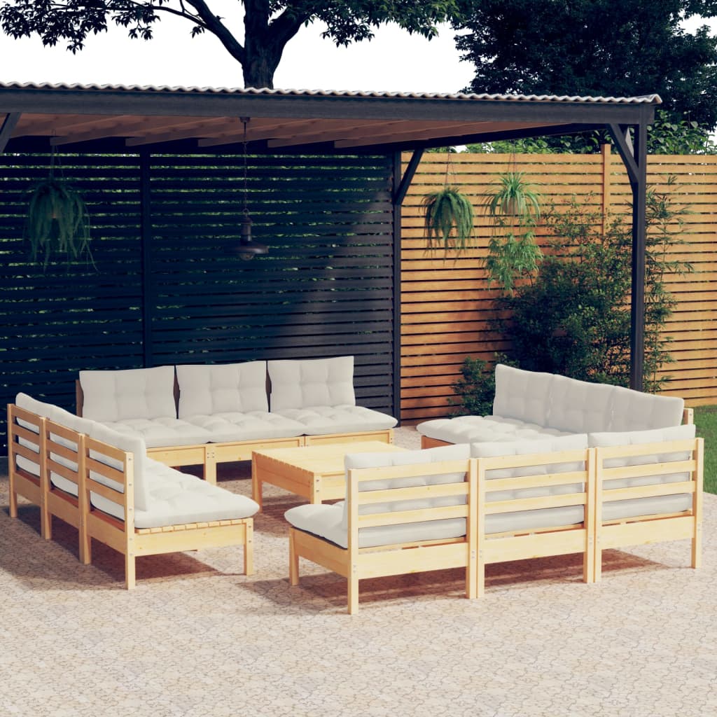 Set mobilier grădină cu perne, 13 piese, crem, lemn de pin GartenMobel Dekor