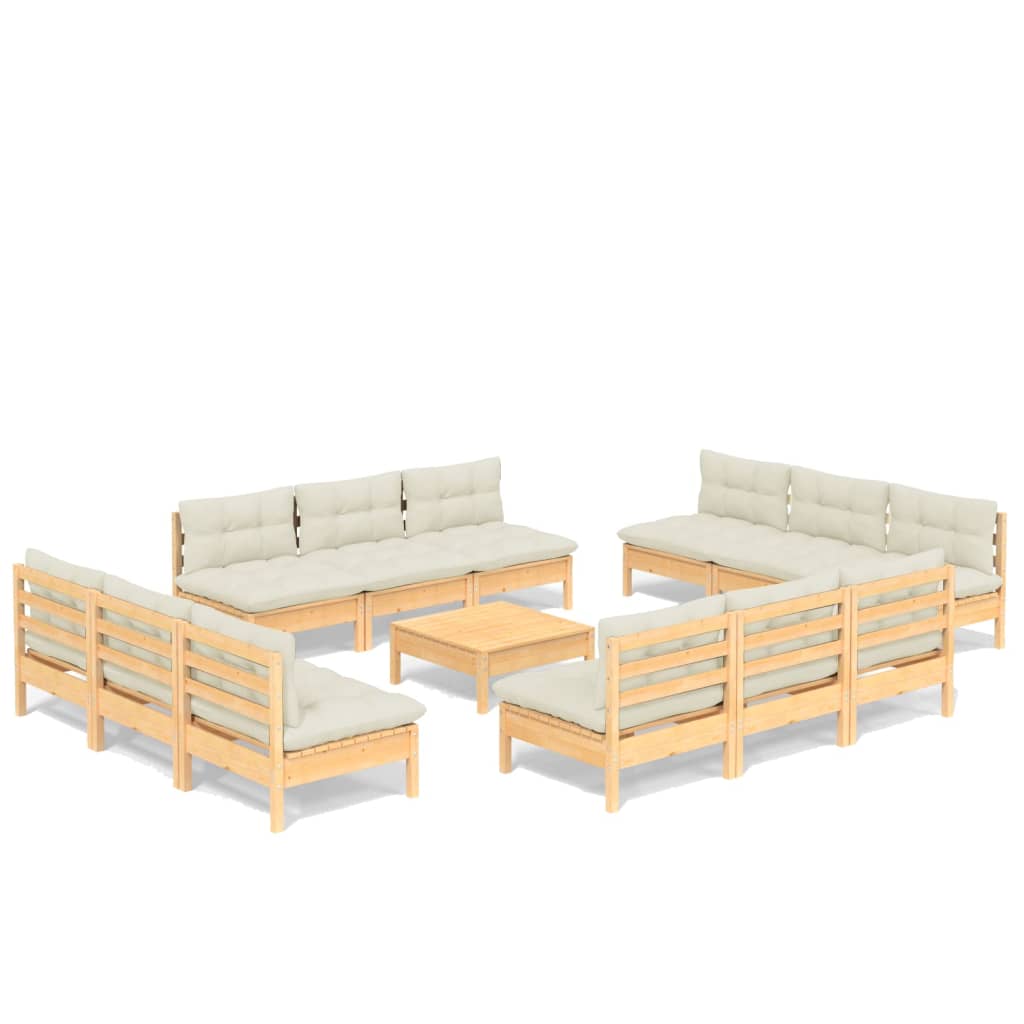 Set mobilier grădină cu perne, 13 piese, crem, lemn de pin GartenMobel Dekor