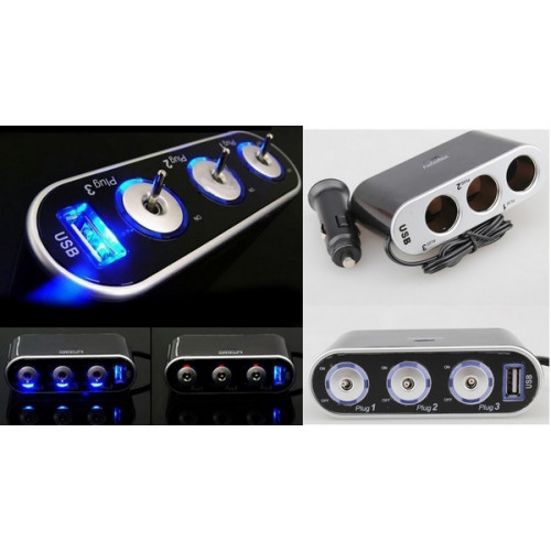 Prelungitor priză auto 3 cai + USB, cu lumină și întrerupătoare individuale 12/24V WF-013