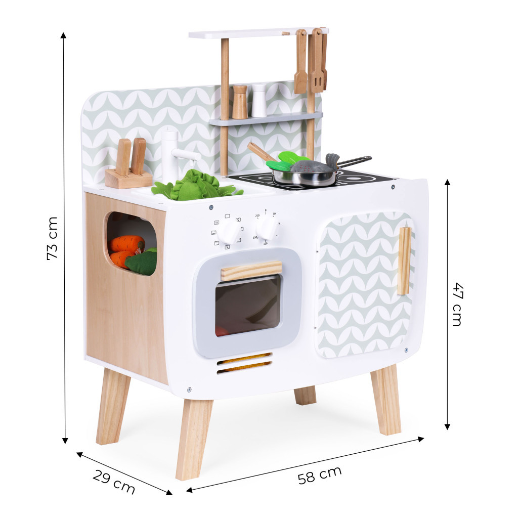 Bucătărie din lemn de jucărie Homelux cu cuptor, chiuvetă și accesorii (3+)