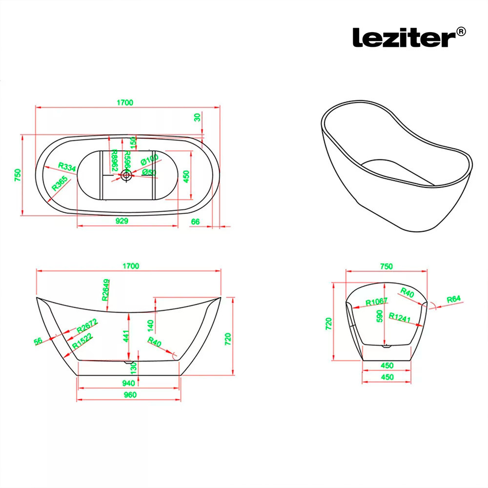 Cadă freestanding Leziter Flow 170x75x72 cm, negru mat, acril sanitar