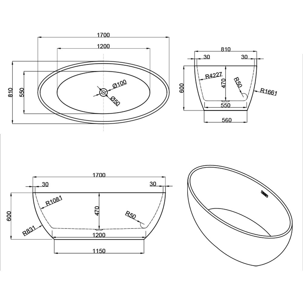 Cadă freestanding Leziter Kara din acril 170x81x60 cm, alb, cu scurgere pop-up