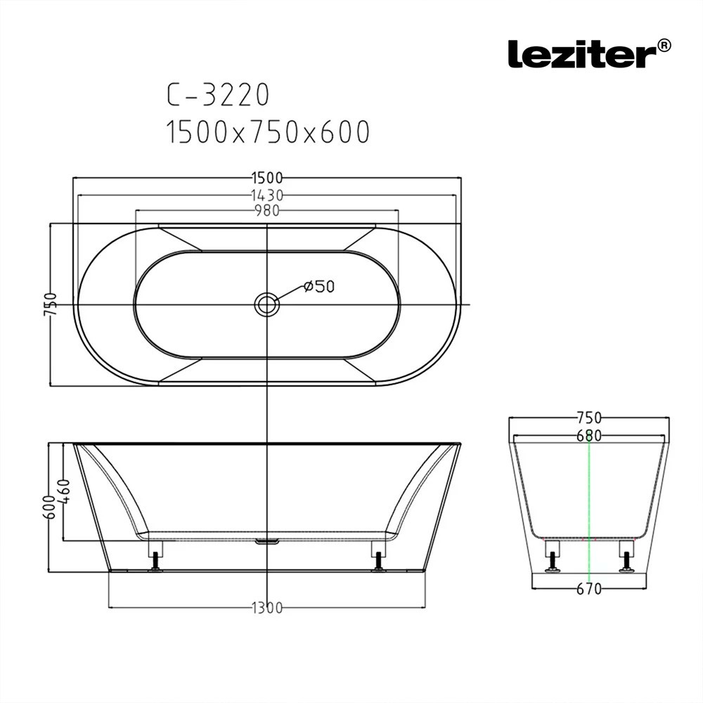 Cadă freestanding Leziter Still 150x75x58 cm, acril sanitar, alb