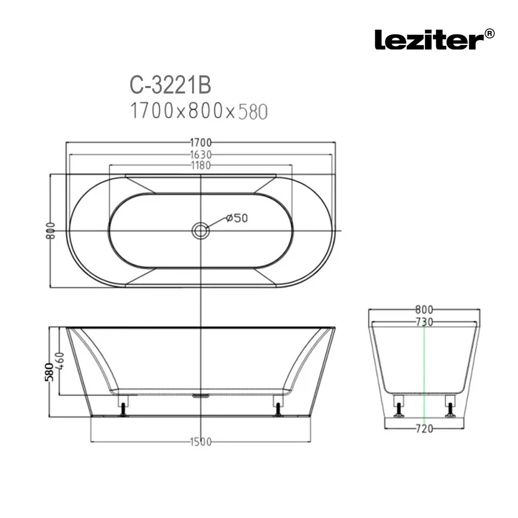 Cadă freestanding Leziter Still 170x80x58 cm, acril sanitar, negru mat
