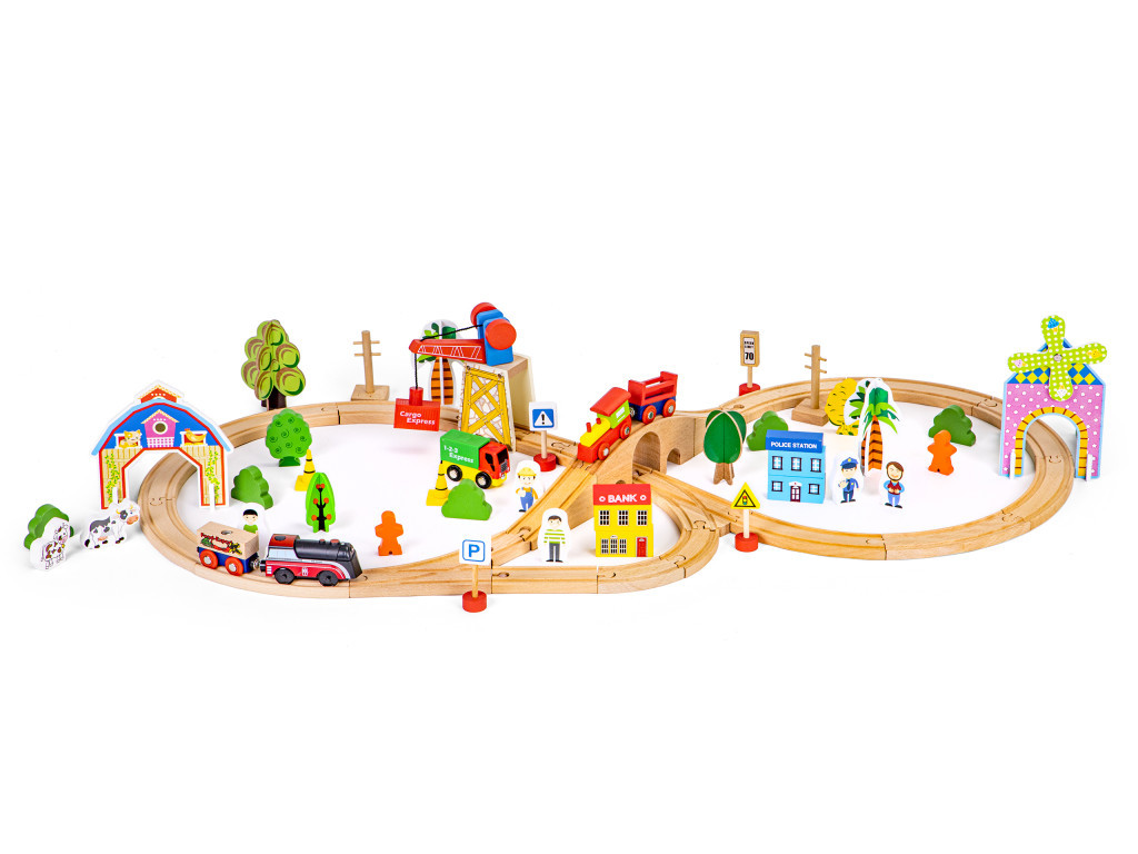 Set tren din lemn Homelux, 74 piese cu sine, tunel cu macara si accesorii