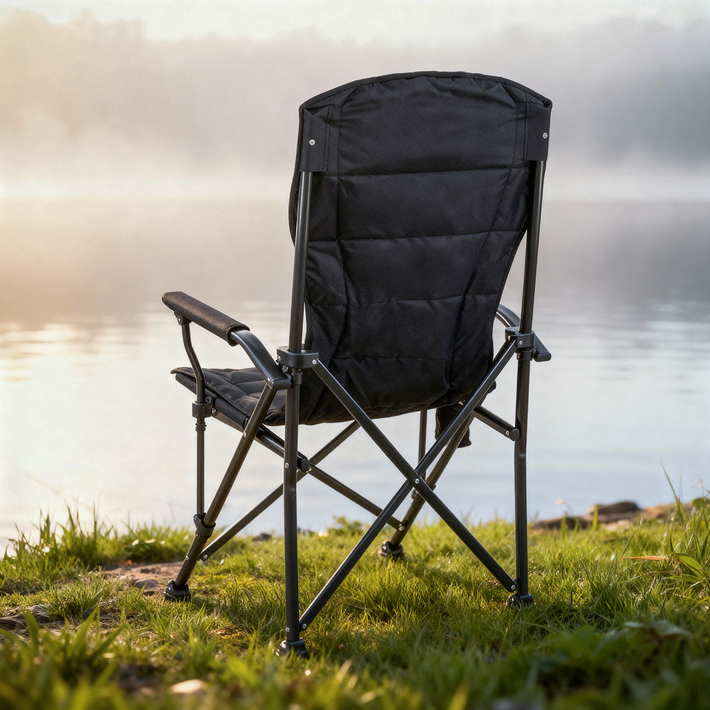 Scaun de pescuit pliabil Leziter XL cu spătar înalt, cotiere și suport pahare, negru