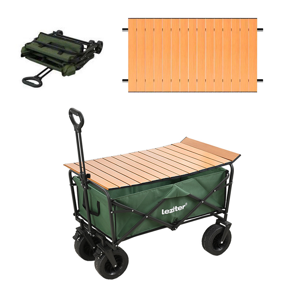 Cărucior de plajă pliabil Leziter premium, cu masă picnic integrată, verde