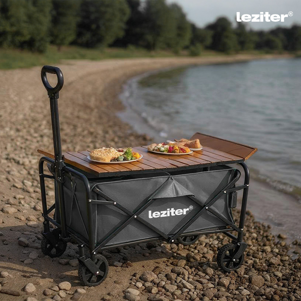 Cărucior pliabil Leziter pentru plajă și grădină, cu masă de picnic integrată, gri