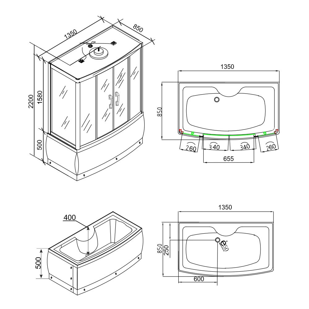 Cabină de duș cu hidromasaj și cadă Leziter Emilia 85x135 cm, negru