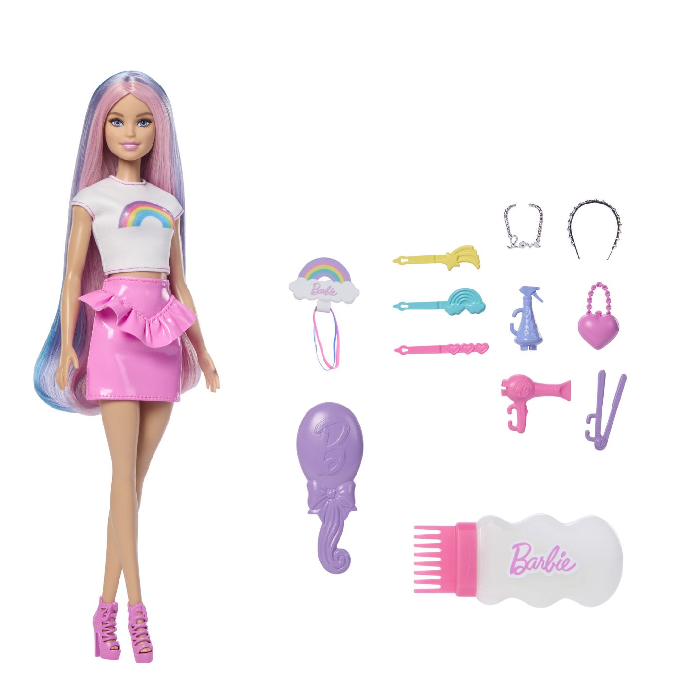 BARBIE SET PAPUSA BARBIE CU PAR STRALUCITOR CURCUBEU SI ACCESORII SuperHeroes ToysZone