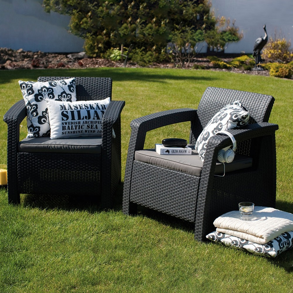 Set 2 fotolii de grădină Curver Corfu Duo grafit, cu perne gri deschis