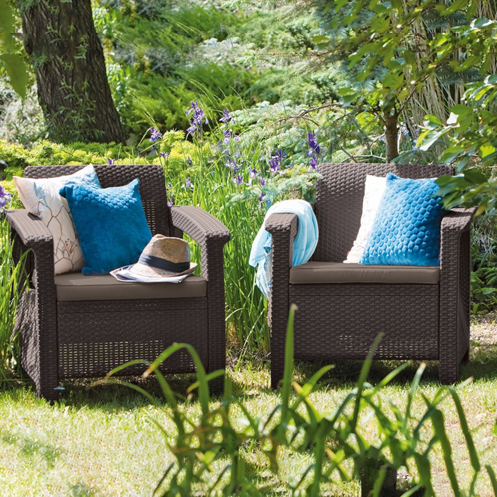 Set 2 fotolii de grădină Curver Corfu Duo, maro, cu perne taupe calde