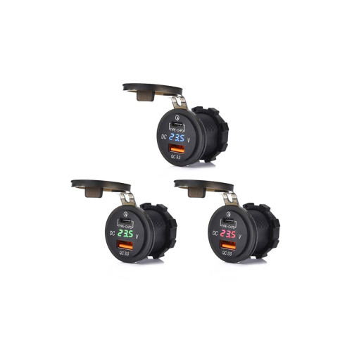 Mufă încărcător auto pentru bord USB-C + USB QC3.0 cu voltmetru 12V (DS2052)