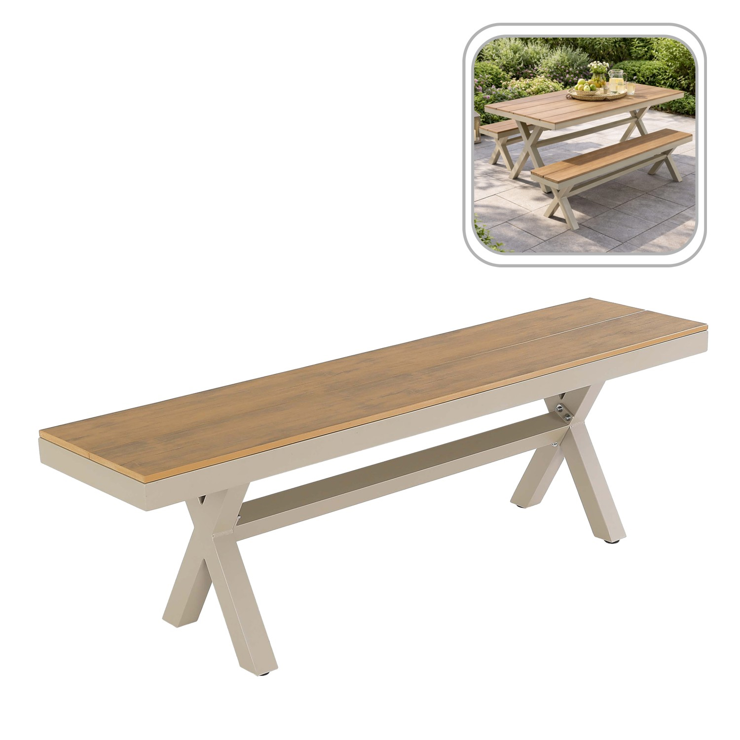 Banca gradina din aluminiu cu sezut aspect lemn, 150x36x47 cm, bej Household NewTrend