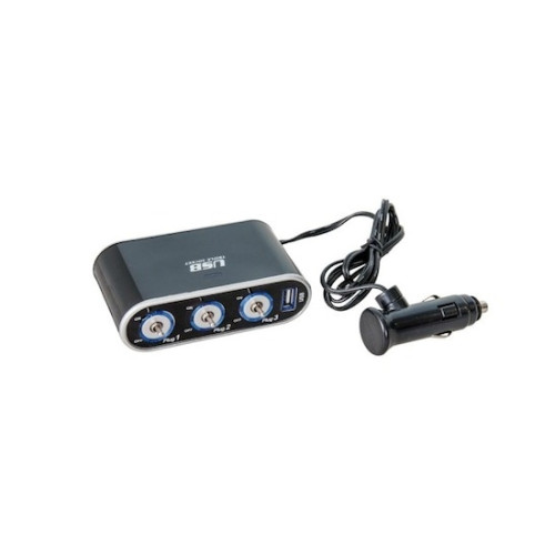 Prelungitor brichetă auto cu 3 prize și USB 1A, cu întrerupătoare (WF-861)