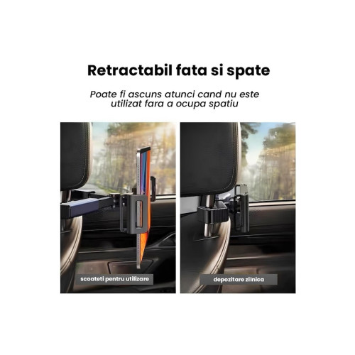 Suport auto universal pentru telefon/tableta cu prindere pe tetiera, negru