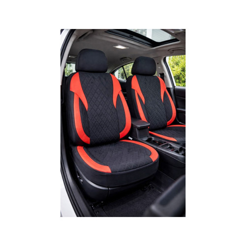 Set huse scaune auto universale Premium, fata/spate, fractionate, negru-rosu