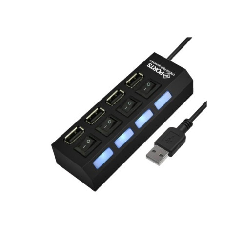 Hub USB 2.0 cu 4 porturi, întrerupătoare individuale, LED și alimentare DC