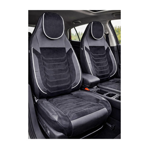 Set huse scaune auto universale Premium, banchetă fracționată, negru cu cusătură albă