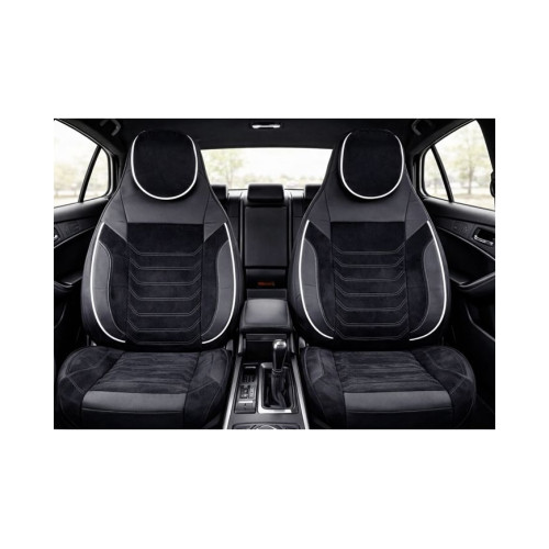 Set huse scaune auto universale Premium, banchetă fracționată, negru cu cusătură albă