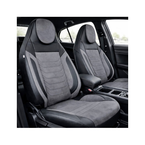 Set huse scaune auto universale Premium fractionate, negru-gri, tetiera incorporata