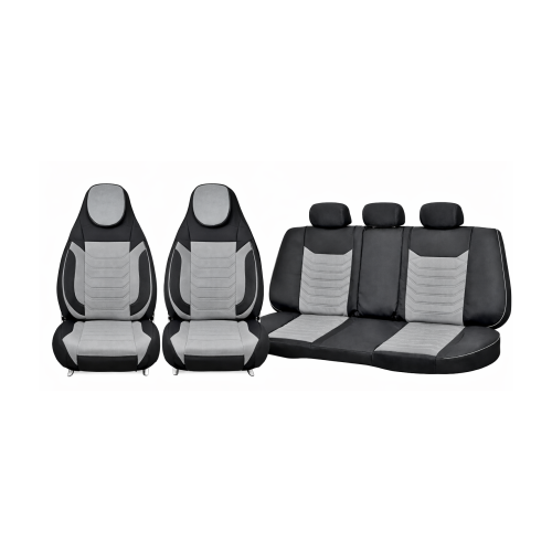 Set huse scaune auto universale Premium fractionate, negru-gri, tetiera incorporata