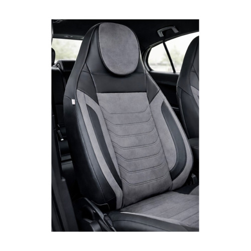 Set huse scaune auto universale Premium fractionate, negru-gri, tetiera incorporata