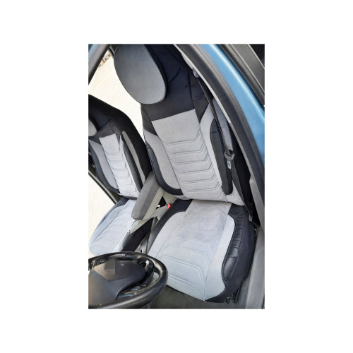 Set huse scaune auto universale Premium fractionate, negru-gri, tetiera incorporata