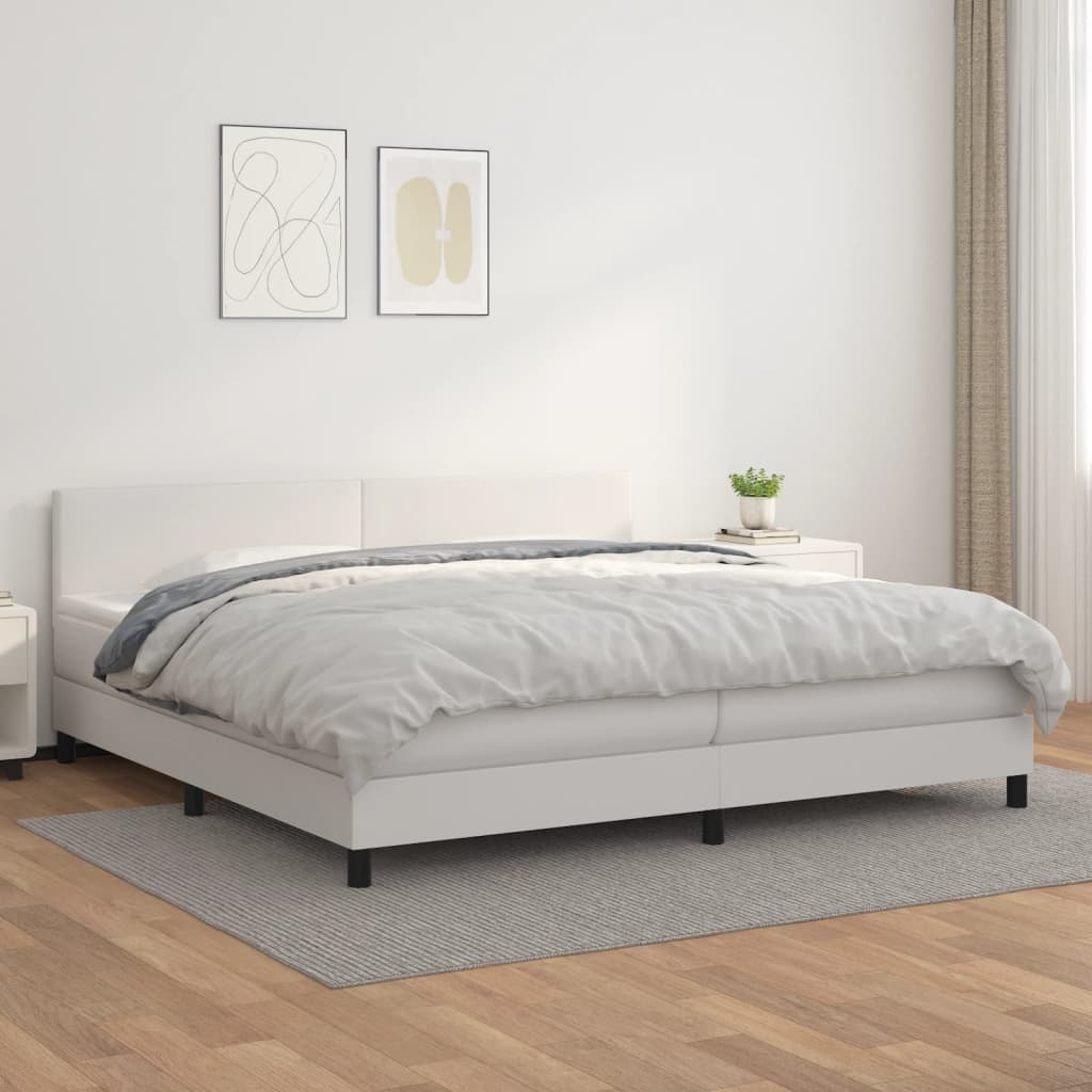 Pat box spring cu saltea, alb, 200x200 cm, piele ecologică GartenMobel Dekor