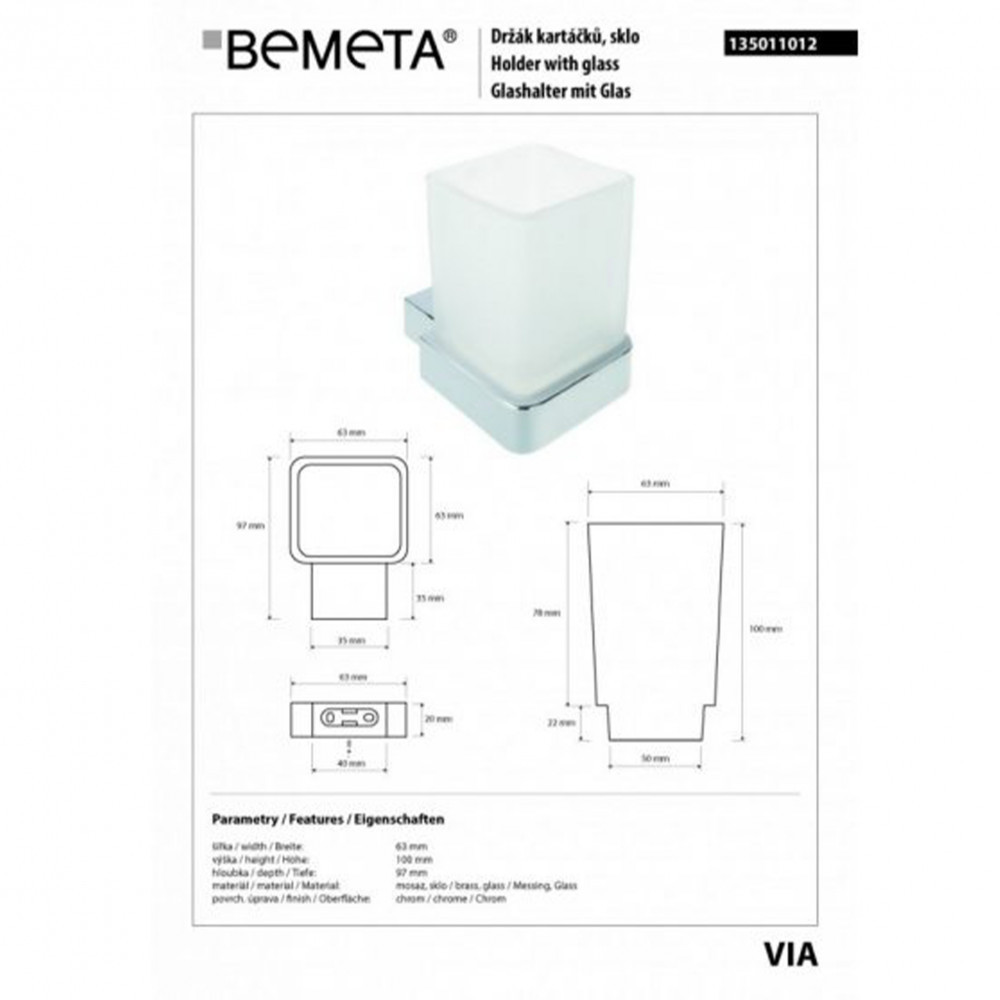 Suport pahar pentru baie Bemeta VIA, montaj pe perete, finisaj inox